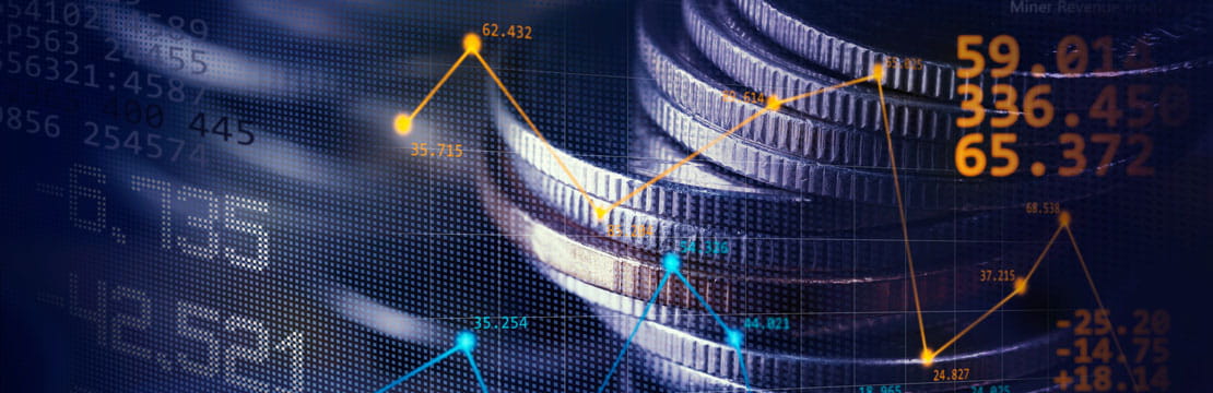 An abstract image showing a stack of coins, numbers and graphs.
